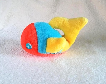 Gund Whale Stuffed Animal Red, Blue, Yellow 1982, Vintage Sea Plushie