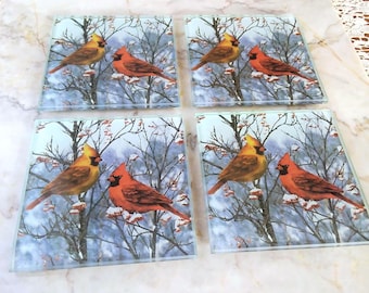 Cardinal Coasters Tempered Glass Non-Slip Set of 4, Male and Female Cardinals, Vintage Hampton Direct