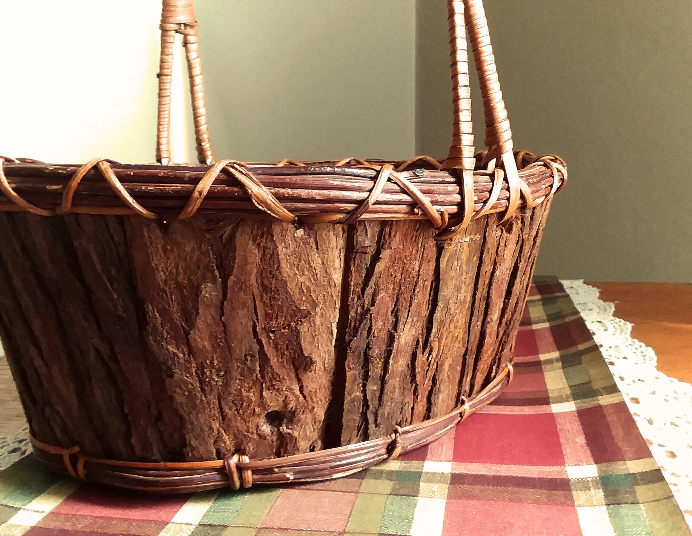 Vintage Tree Bark Basket Wood and Wicker Oval Basket Handle Etsy