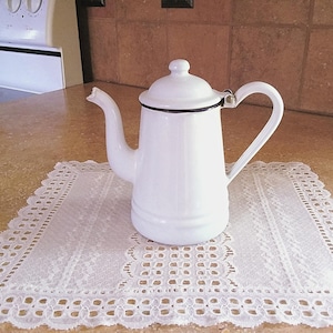 Small Enamel Coffee Pot White with Blue Rim 6 1/4&quot; tall, Kitchen Enamelware, Vintage White Farmhouse, Country Kitchenware, Rustic Coffee