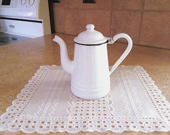 Small Enamel Coffee Pot White with Blue Rim 6 1/4" tall, Kitchen Enamelware, Vintage White Farmhouse, Country Kitchenware, Rustic Coffee