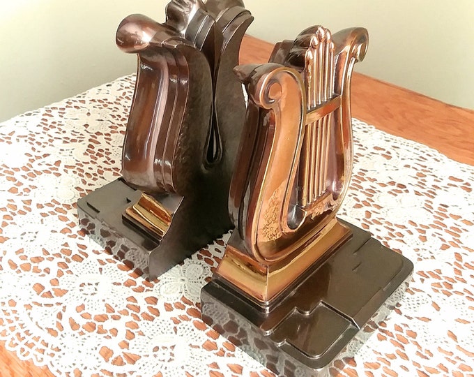 Midcentury Lyre Bookends Philadelphia Metal Co. Vintage Heavy Cast