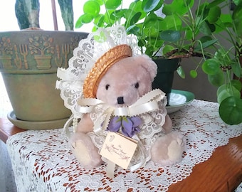 Victorian Style Teddy Bear in Satin Lace Pearls with Hat, Fancy Dressed Plush Bear