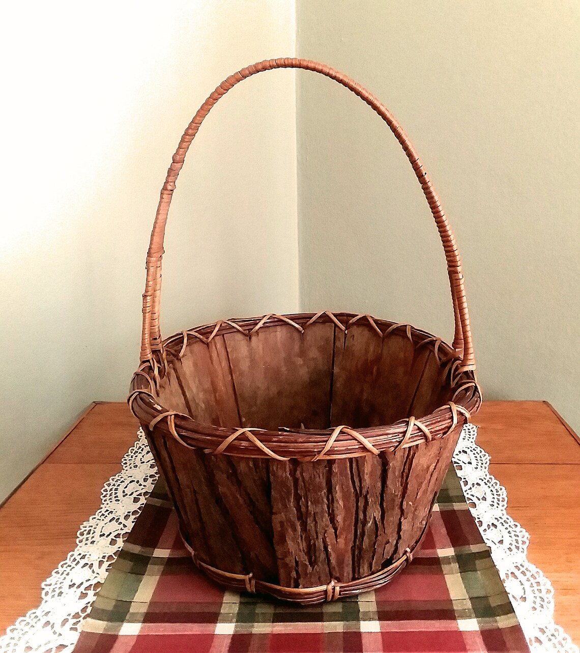 Vintage Tree Bark Basket Wood and Wicker Oval Basket Handle Etsy