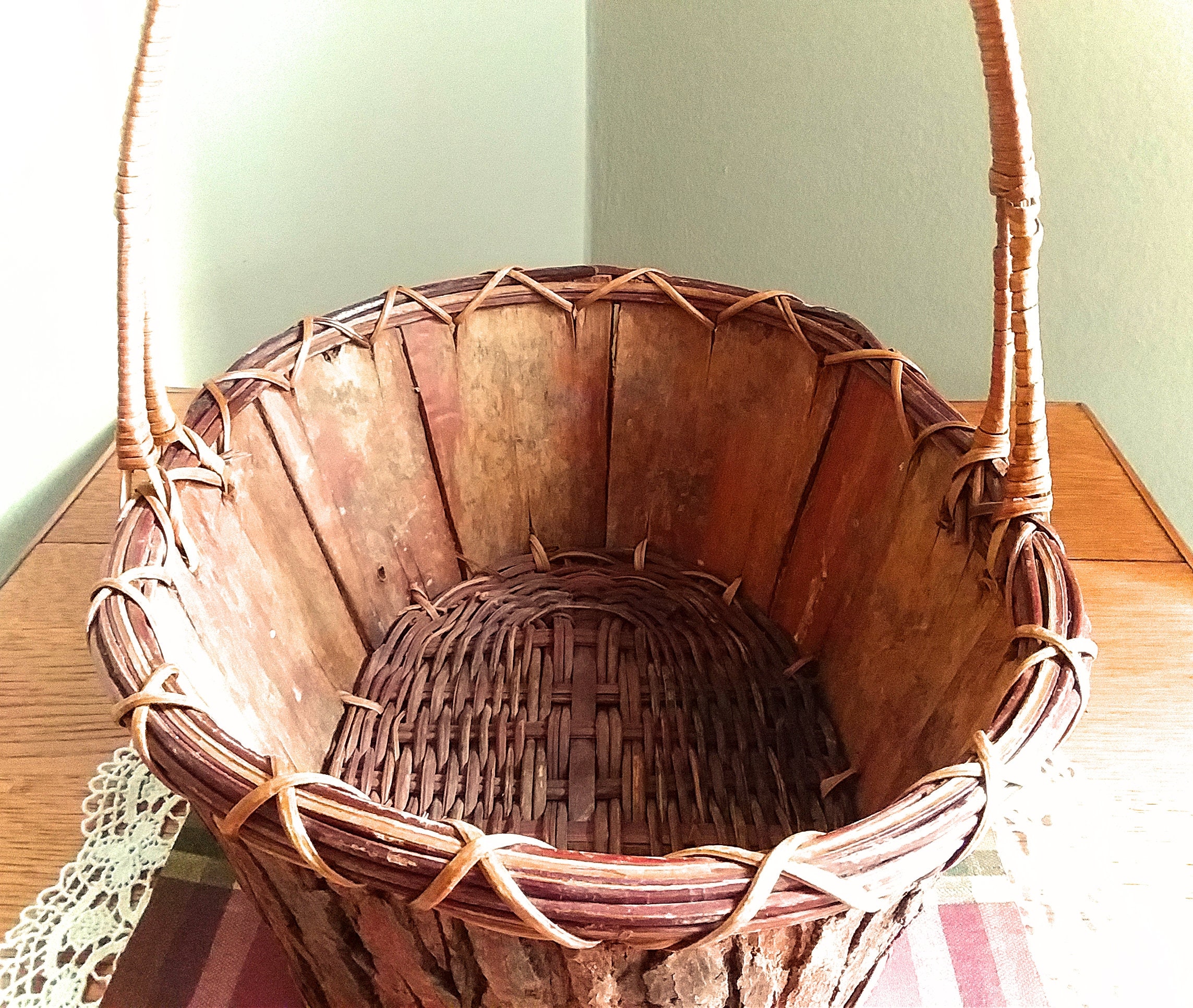 Vintage Tree Bark Basket Wood and Wicker Oval Basket Handle Etsy