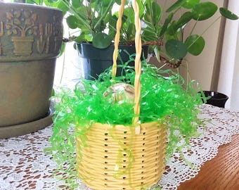 Small Vintage Plastic Easter Basket with Ceramic Egg, Yellow & Green Easter