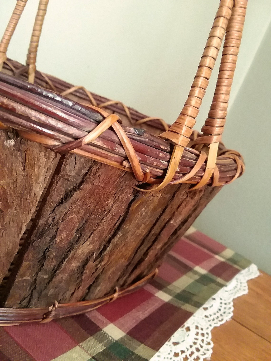Vintage Tree Bark Basket Wood and Wicker Oval Basket Handle Etsy