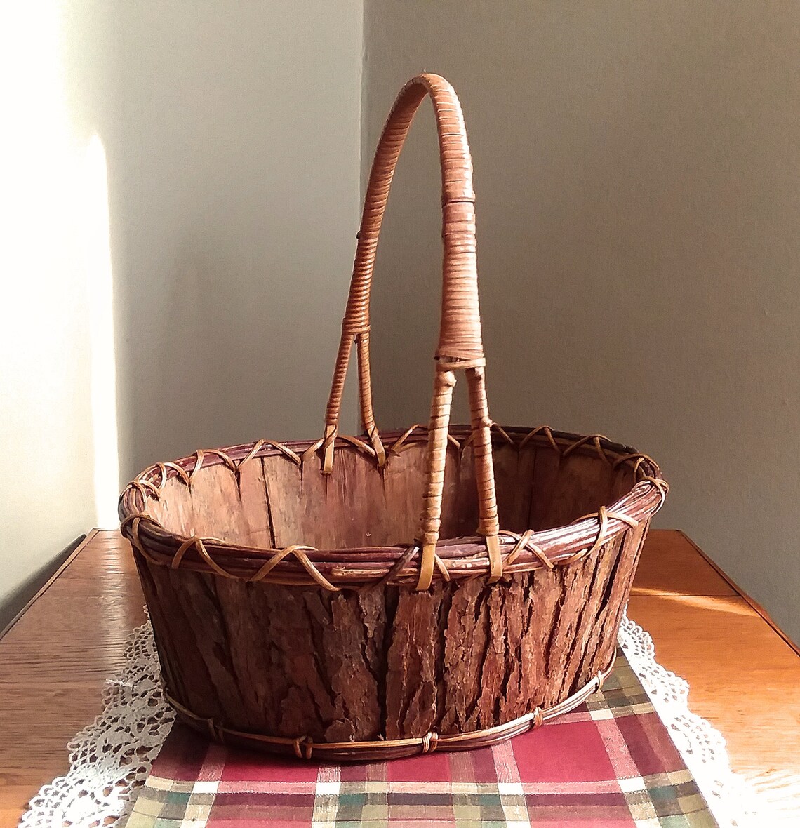Vintage Tree Bark Basket Wood and Wicker Oval Basket Handle Etsy