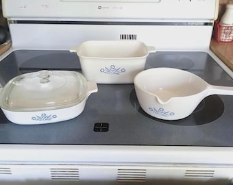 Corning Ware Blue Cornflower P-7-B, P-4-B, P-89-8 Oven and Stovetop, Vintage Casseroles, Glass Ceramic Saucepan, Blue Floral Cookware