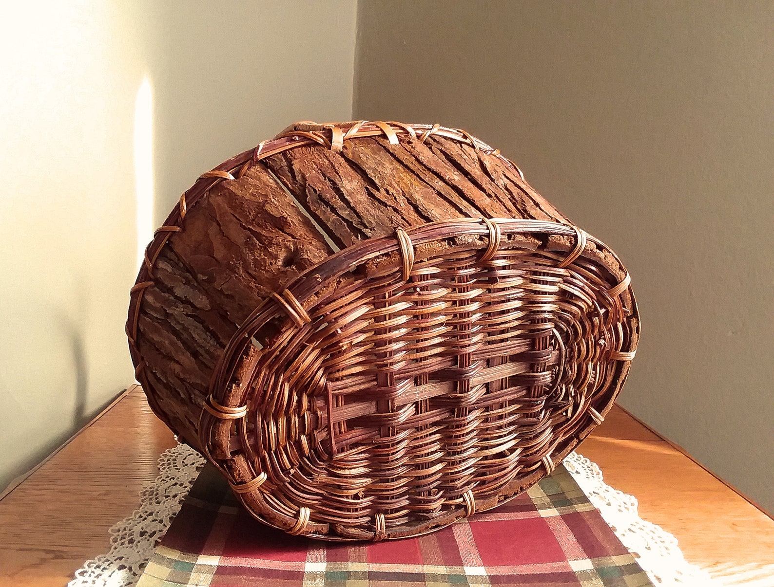 Vintage Tree Bark Basket Wood and Wicker Oval Basket Handle Etsy