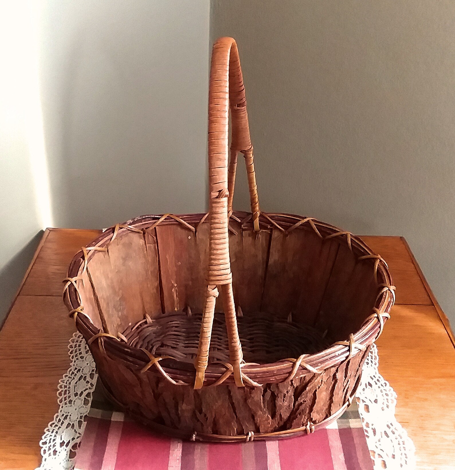 Vintage Tree Bark Basket Wood and Wicker Oval Basket Handle Etsy
