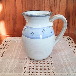 Blue Pottery Pitcher, Vintage Ceramic Pitcher Vase, Glazed Earthenware Home Decor, Periwinkle Pottery