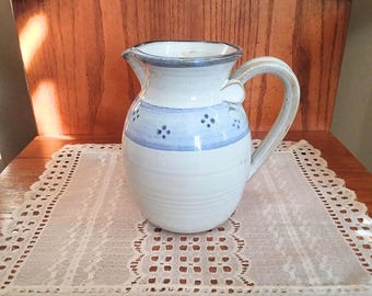 Blue Pottery Pitcher, Vintage Ceramic Pitcher Vase, Glazed Earthenware Home Decor, Periwinkle Pottery