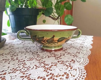 Double Handle Pedestal Bowl Green-Orange-Tan, 2 Handled Ceramic Bowl