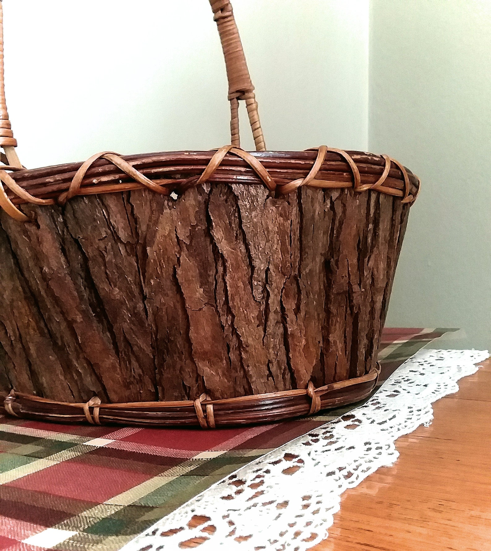 Vintage Tree Bark Basket Wood and Wicker Oval Basket Handle Etsy