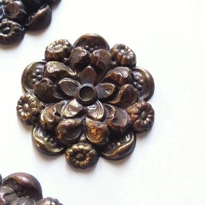 May include: Close-up of antique bronze-colored floral embellishments. The detailed design features a central flower with surrounding smaller floral accents. The metal has a slightly aged appearance, with visible texture and a dark, warm hue.