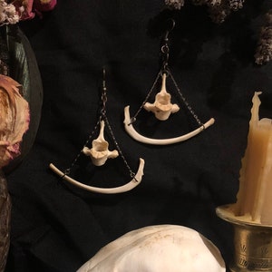 Op de afbeelding: Een paar botten oorbellen met een delicate ketting en een klein bot hanger. De oorbellen hangen tegen een donkere achtergrond en worden omringd door gedroogde bloemen, een schedel en een kaars.