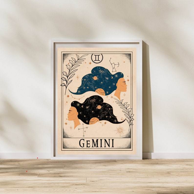May include: A beige and white illustrated poster with a zodiac sign for Gemini. The poster features two women with their hair styled as a galaxy with stars and planets. The text "GEMINI" is at the bottom of the poster.