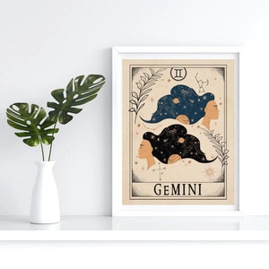 May include: A beige and brown illustrated print of the Gemini zodiac sign. The illustration features two women with their hair styled as constellations. The text "GEMINI" is printed below the illustration.