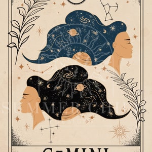 May include: A vintage-style illustration of the Gemini zodiac sign. The image features two stylized faces with celestial bodies and constellations in their hair. The text "GEMINI" is written in black at the bottom of the image.