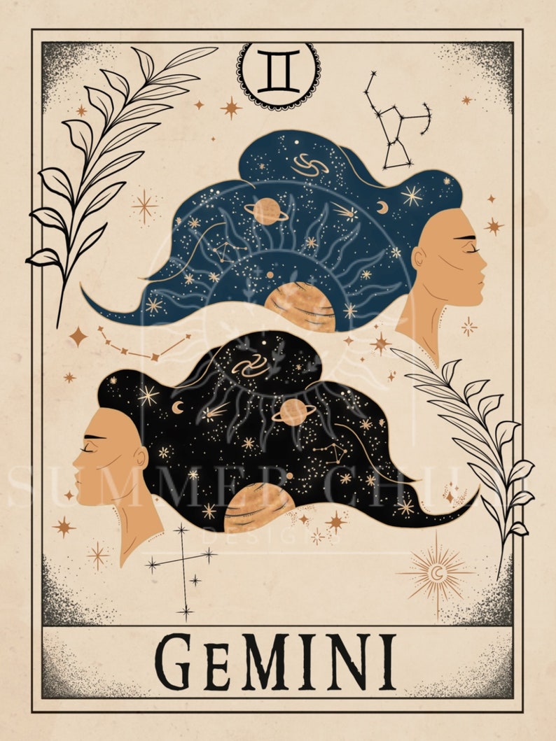 May include: A vintage-style illustration of the Gemini zodiac sign. The image features two stylized faces with celestial bodies and constellations in their hair. The text "GEMINI" is written in black at the bottom of the image.