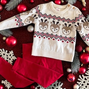 Vintage Holiday Time Reindeer Sweater. Buttons on neck. Easy on and off. Vintage red soft leggings. Great comfy holiday outfit SZ 3