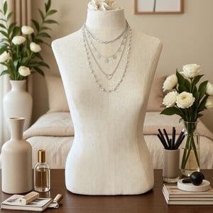 May include: A multi-layered silver-toned necklace set displayed on a beige fabric mannequin. The necklace features four distinct strands, including a chain with small circular charms, a delicate link chain, and a strand accented with small white beads.