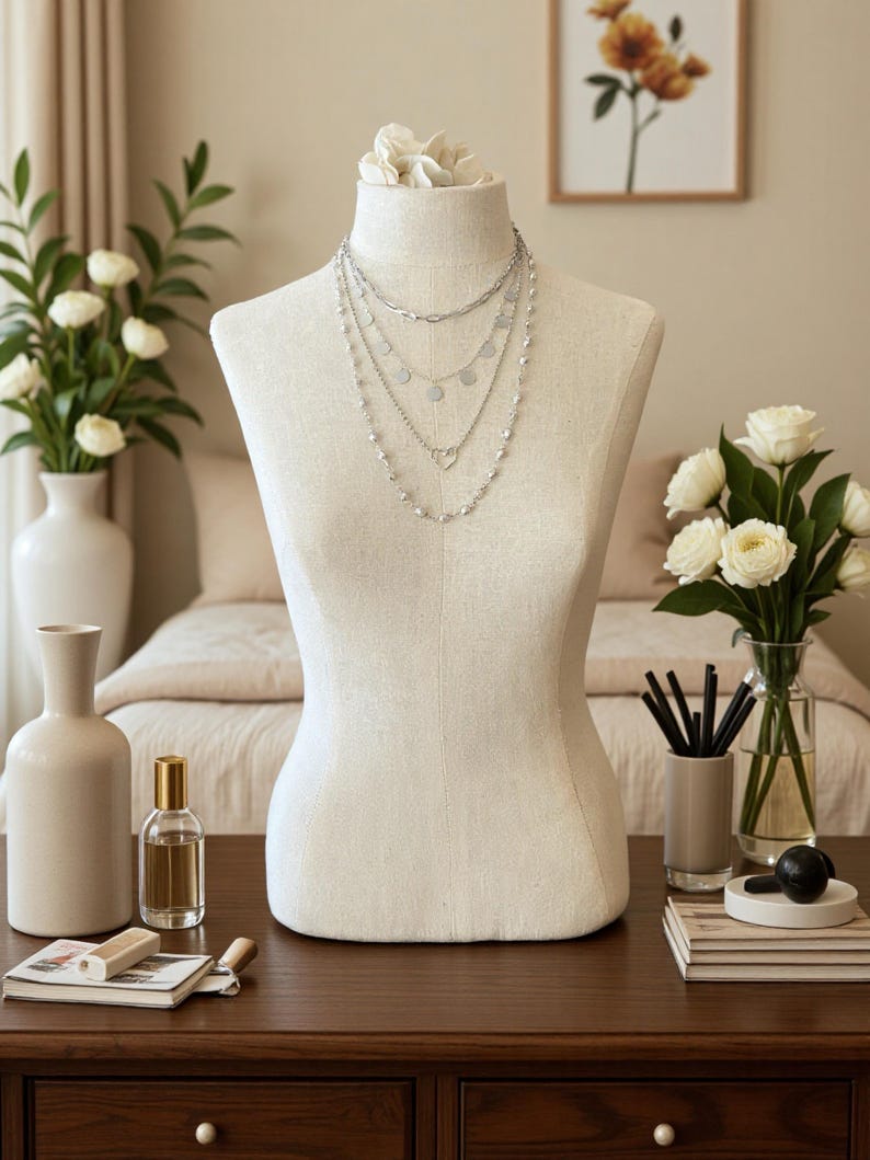 May include: A multi-layered silver-toned necklace set displayed on a beige fabric mannequin. The necklace features four distinct strands, including a chain with small circular charms, a delicate link chain, and a strand accented with small white beads.