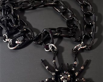 Black and gunmetal spider choker necklace: rhinestones