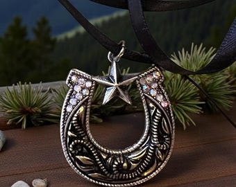 Silver and Bronze Toned Horseshoe and Star Pendant Choker Necklace