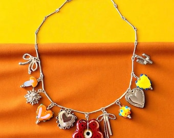 Gold Toned Autumn Charm Necklace: Glass, Ceramic, Enamel - Adjustable