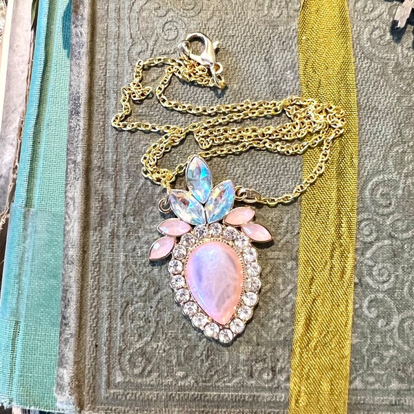Vintage Pink Glass Pendant Necklace: Gold Filled Chain, Costume Jewelry