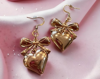 Gold Toned Puffed Heart and Bow Earrings