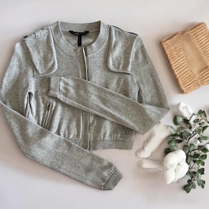 Vintage BCBG MaxAzria Cropped Zip-Up Sweater: Heather Gray, Military Style