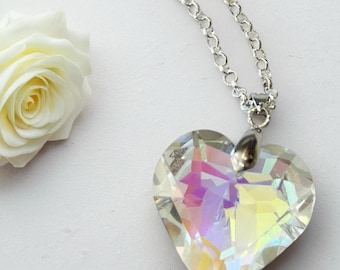 Faceted Iridescent Glass Heart Pendant Necklace - Silver Toned Chain.