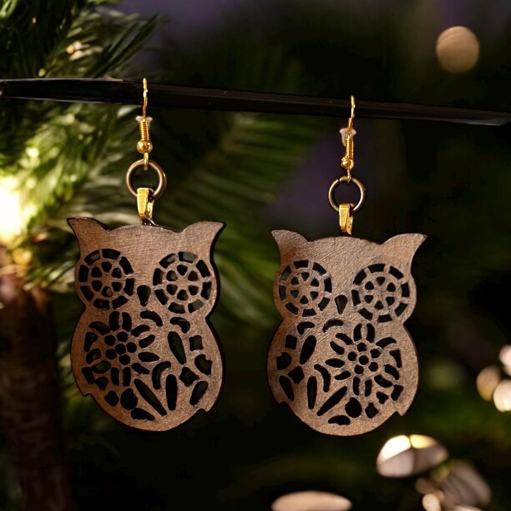 Laser Cut Wood Owl Earrings: Bohemian 70s Style