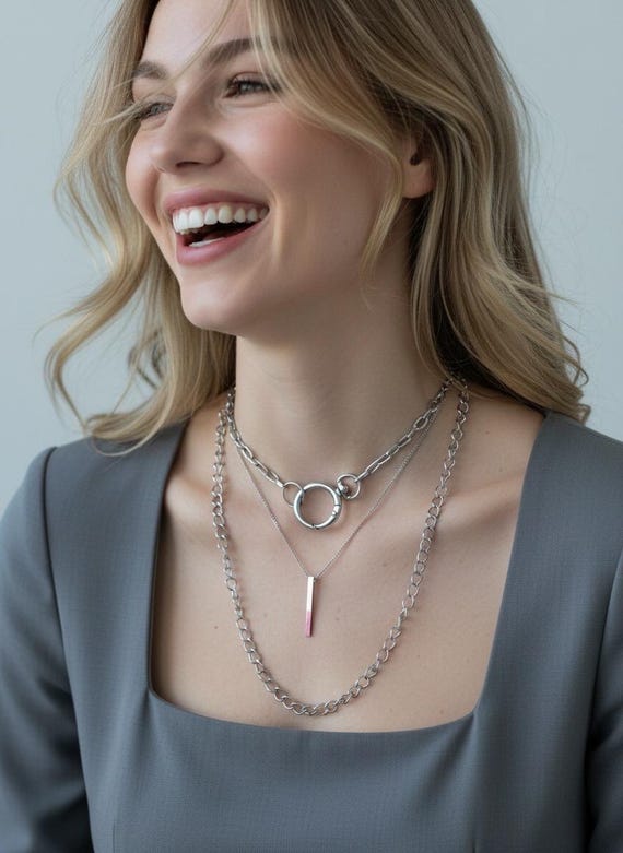 Layered Silver Toned Necklaces- Multi Layered Necklace Set View 2