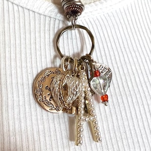 Assemblage Charm Necklace: Vintage Angel Wings, Cross, Mixed Metal