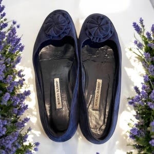 Vintage Manolo Blahnik Navy Suede Flats with Suede Flower (Size 42)