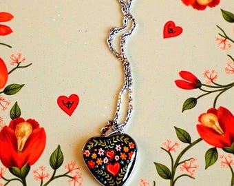 Colorful Floral Polish Folk Art Glass Domed Heart Pendant