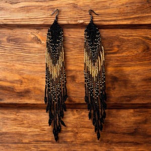 Black & Gold Beaded Chandelier Earrings: Geometric Fringe Design
