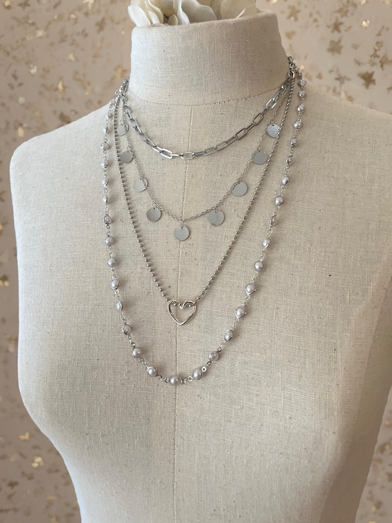 Layered Silver Toned Necklaces- Multi Layered Necklace Set