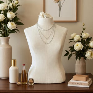 May include: A layered silver-toned necklace featuring three distinct chains of varying lengths, including a delicate chain with small beads, displayed on a cream-colored fabric mannequin torso. The necklace rests against the neck of the form.