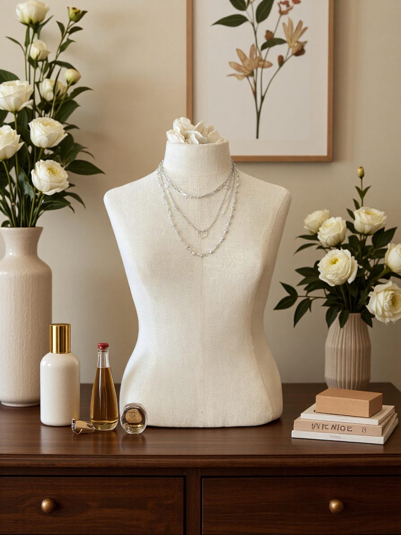 May include: A layered silver-toned necklace featuring three distinct chains of varying lengths, including a delicate chain with small beads, displayed on a cream-colored fabric mannequin torso. The necklace rests against the neck of the form.