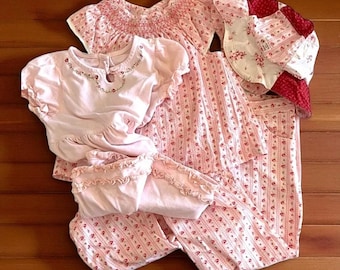 Vintage Janie and Jack Embroidered Dress Set: Smocked Blouse, Ruffle Pants, Hat
