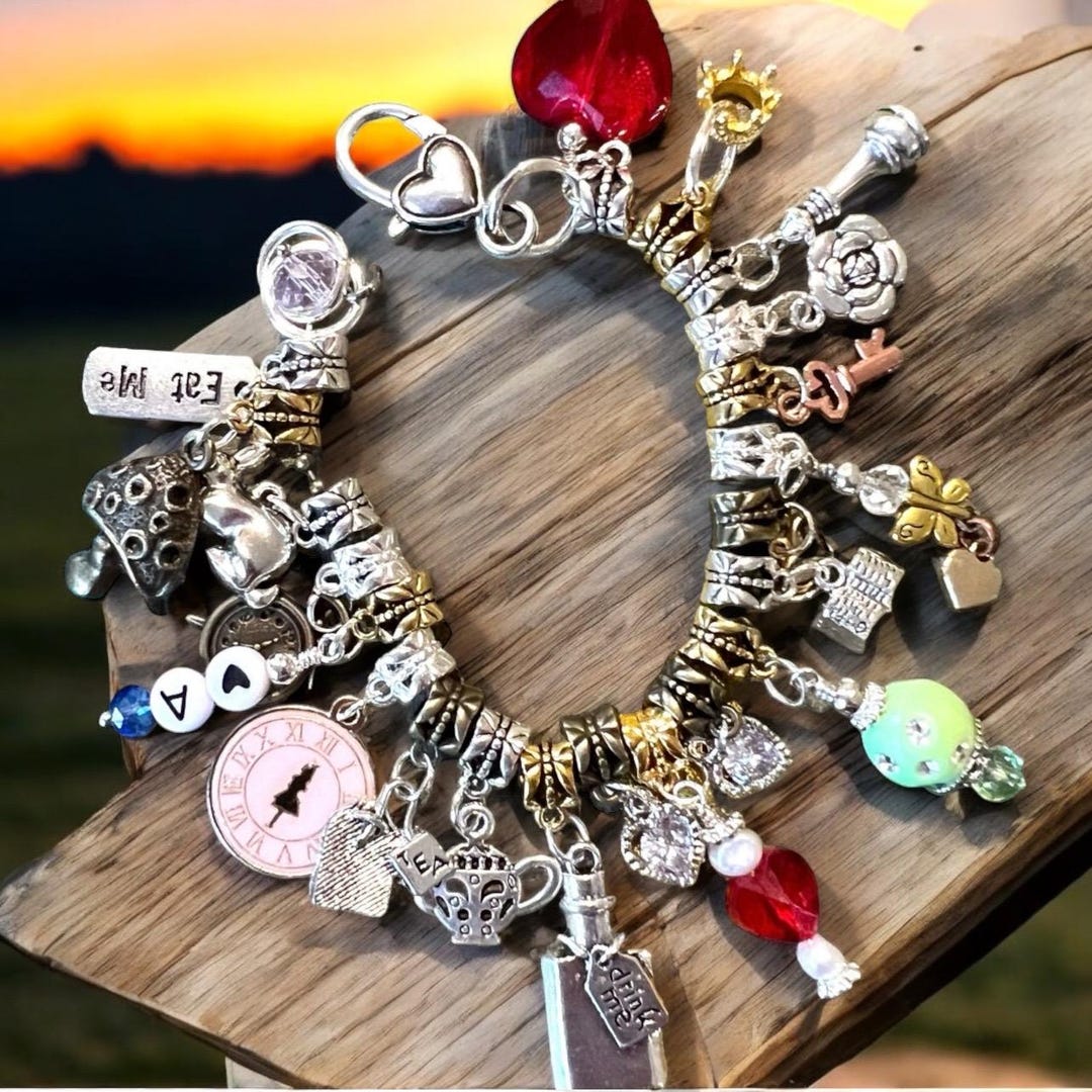 Alice In Wonderland 'We're All Mad Here' Mad Hatter Charm Bracelet - Black Faux Leather