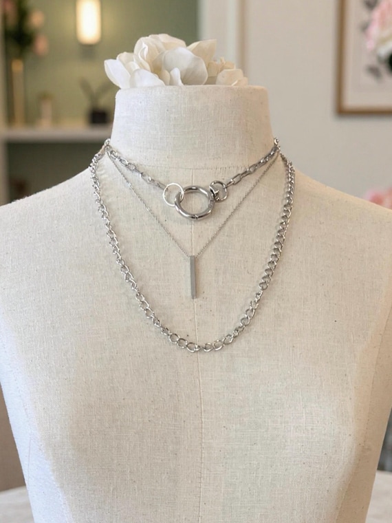 Layered Silver Toned Necklaces- Multi Layered Necklace Set