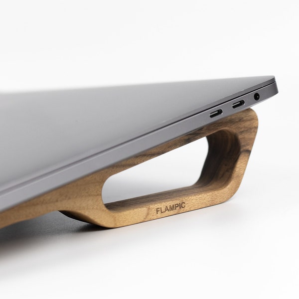 Wooden laptop stand for desk ergonomic, macbook stand minimalist in walnut wood