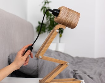 Handgemaakte houten bedlamp | Moderne bureaulamp, verstelbare arm