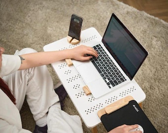 Wooden Laptop Table with Perforated Surface, Adjustable Height, Acrylic Paint Finish